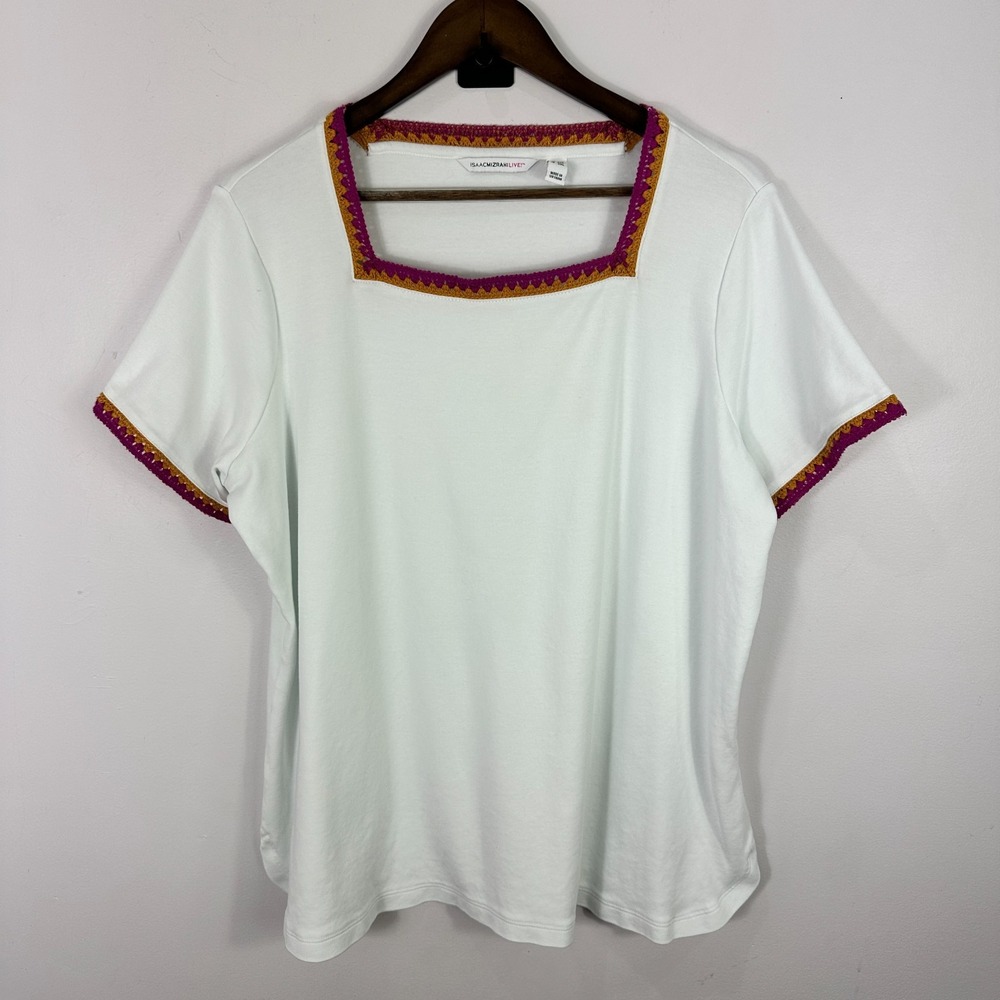 Isaac Mizrahi Live 2X White Crochet‎ Trim Cotton Top Boho Cottagecore Retro Tee